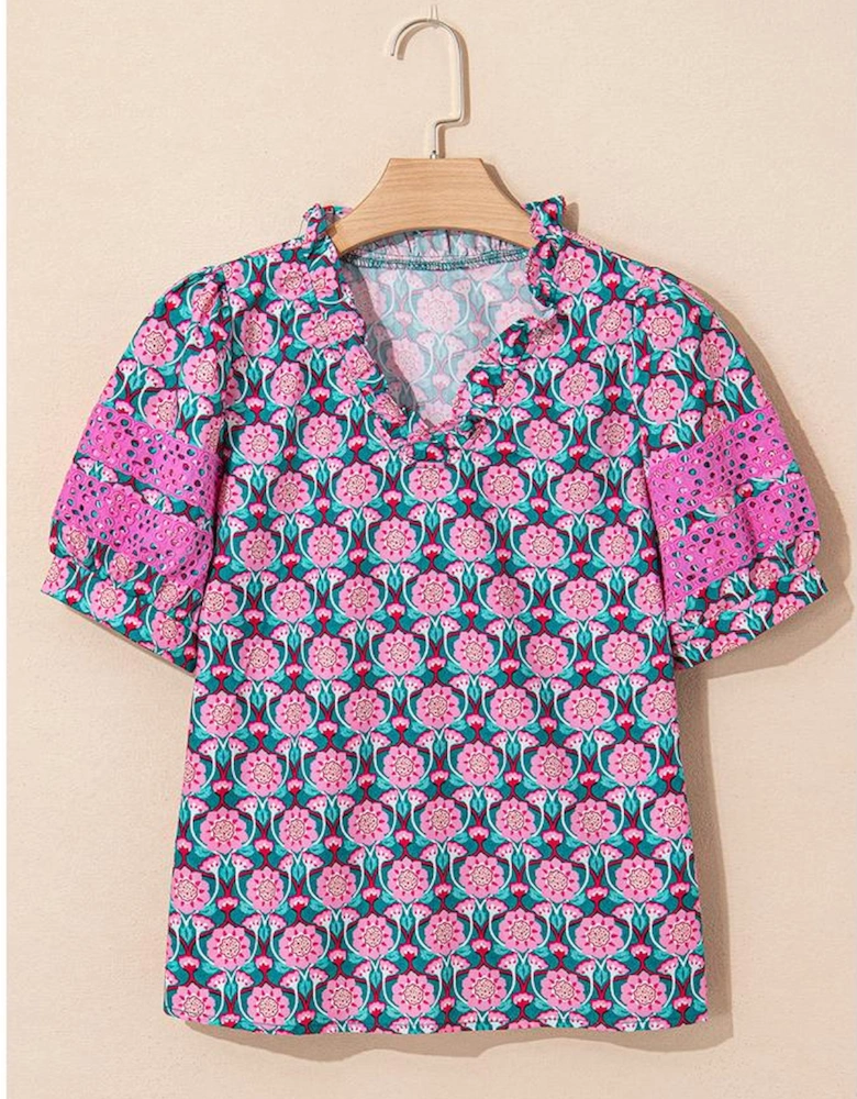 Sachet Pink V-Neck Ruffle Abstract Floral Print Puff Sleeve Top