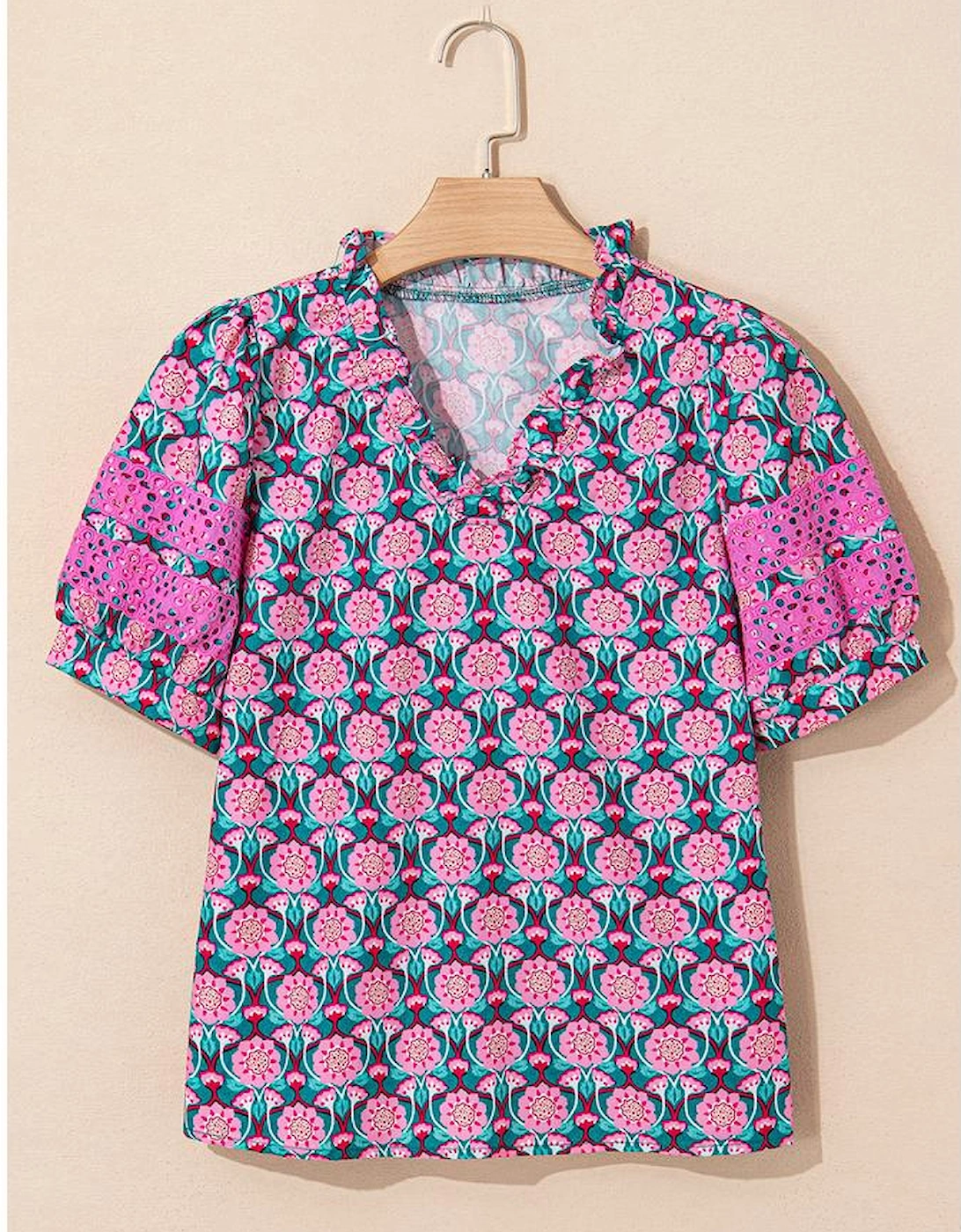 Sachet Pink V-Neck Ruffle Abstract Floral Print Puff Sleeve Top
