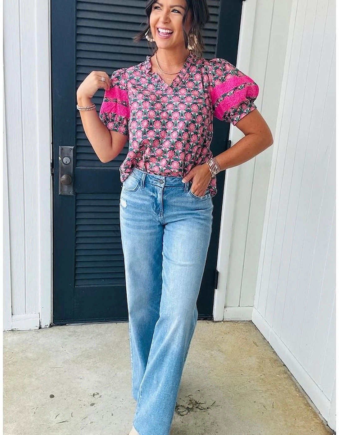 Sachet Pink V-Neck Ruffle Abstract Floral Print Puff Sleeve Top