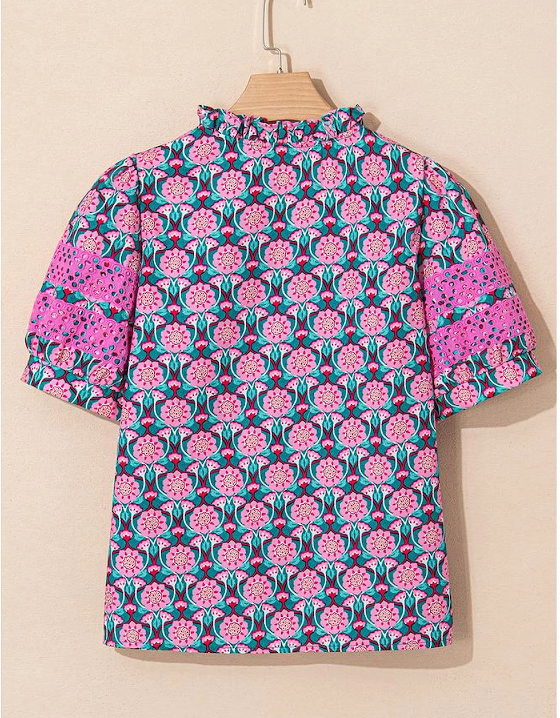 Sachet Pink V-Neck Ruffle Abstract Floral Print Puff Sleeve Top