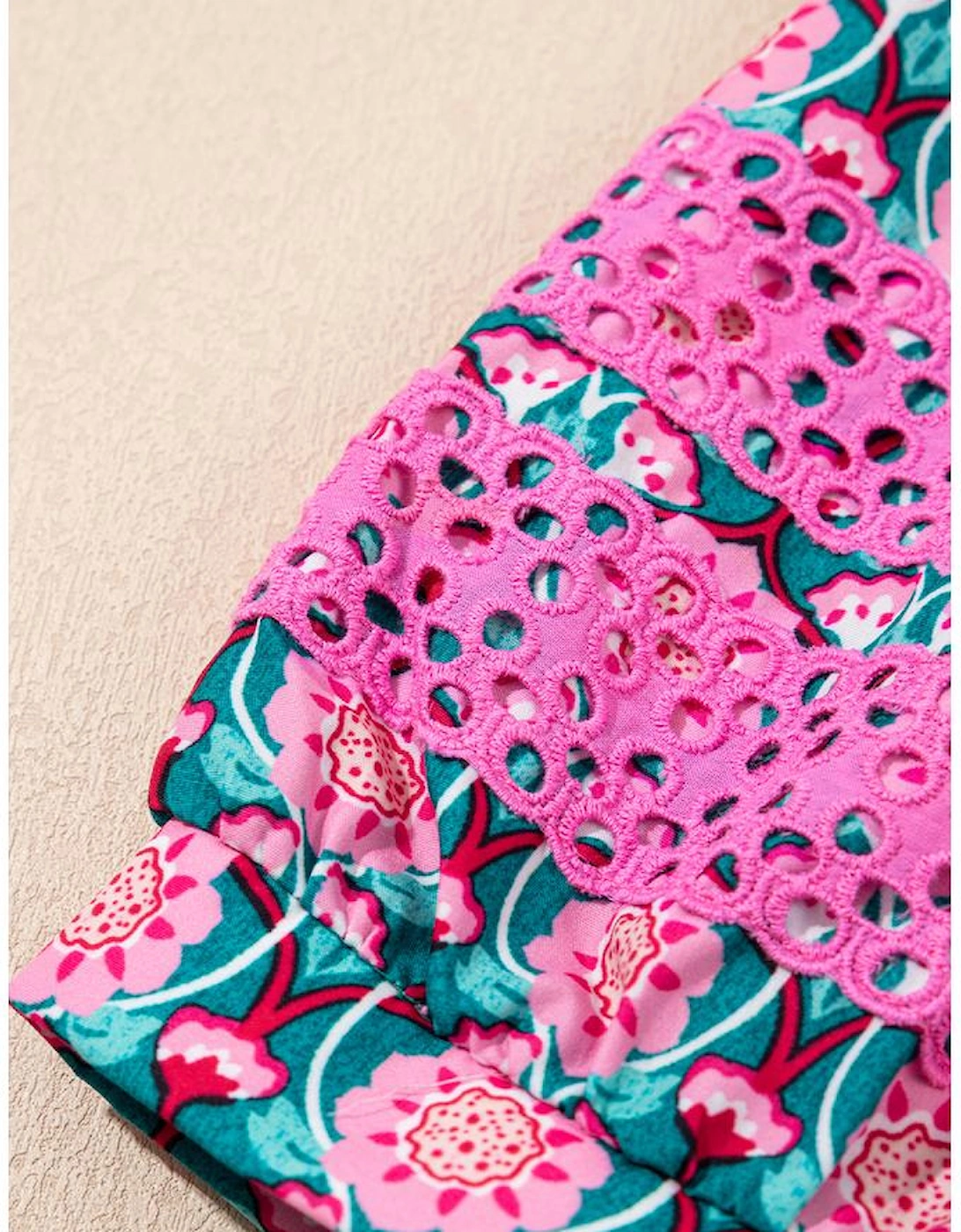 Sachet Pink V-Neck Ruffle Abstract Floral Print Puff Sleeve Top