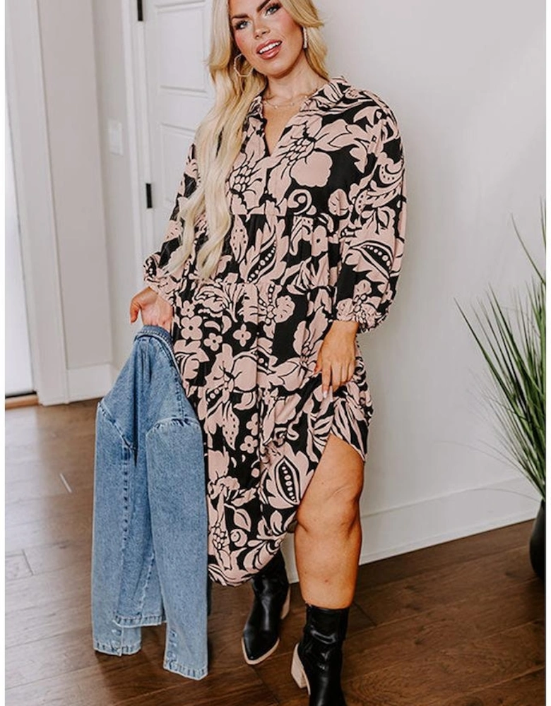 Black Plus Size Floral Printed Puff Sleeve Collared Maxi Dress