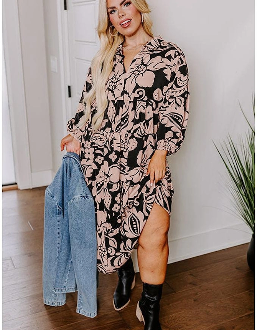 Black Plus Size Floral Printed Puff Sleeve Collared Maxi Dress