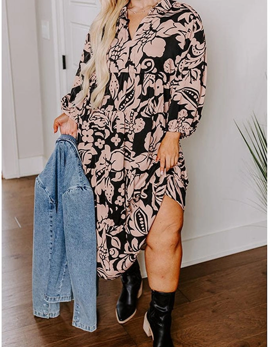 Black Plus Size Floral Printed Puff Sleeve Collared Maxi Dress, 13 of 12