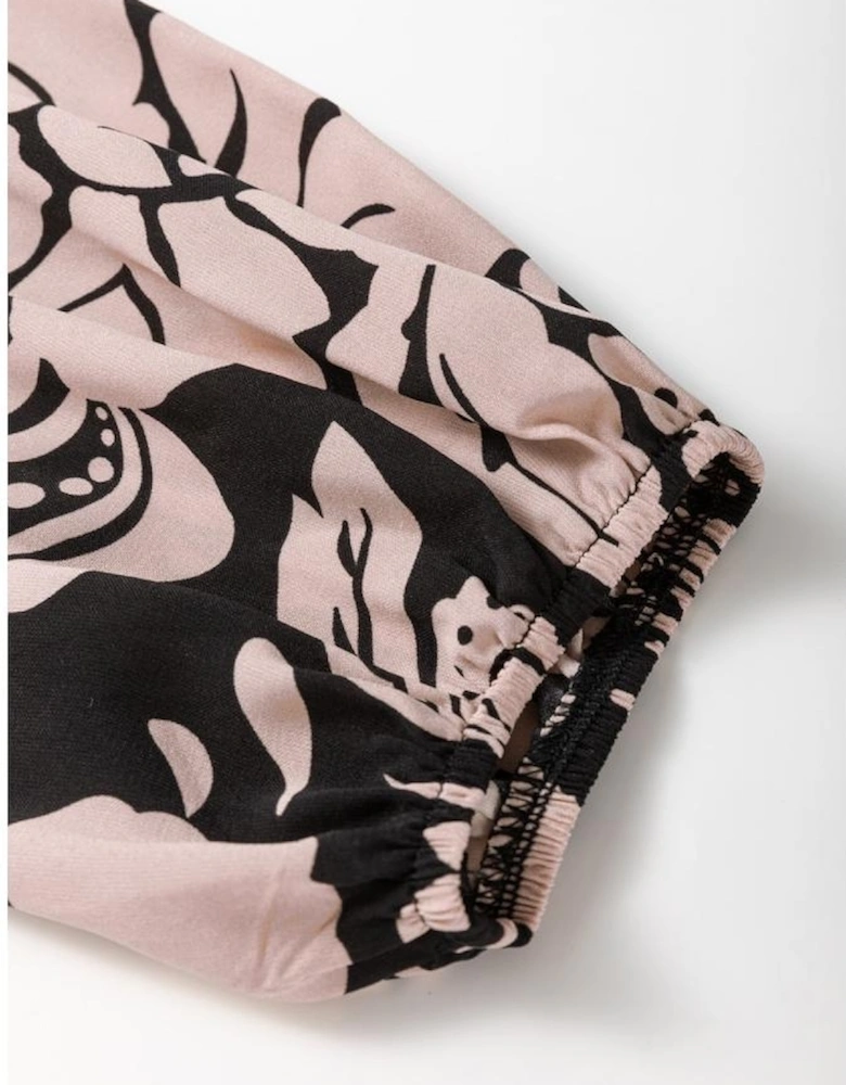 Black Plus Size Floral Printed Puff Sleeve Collared Maxi Dress