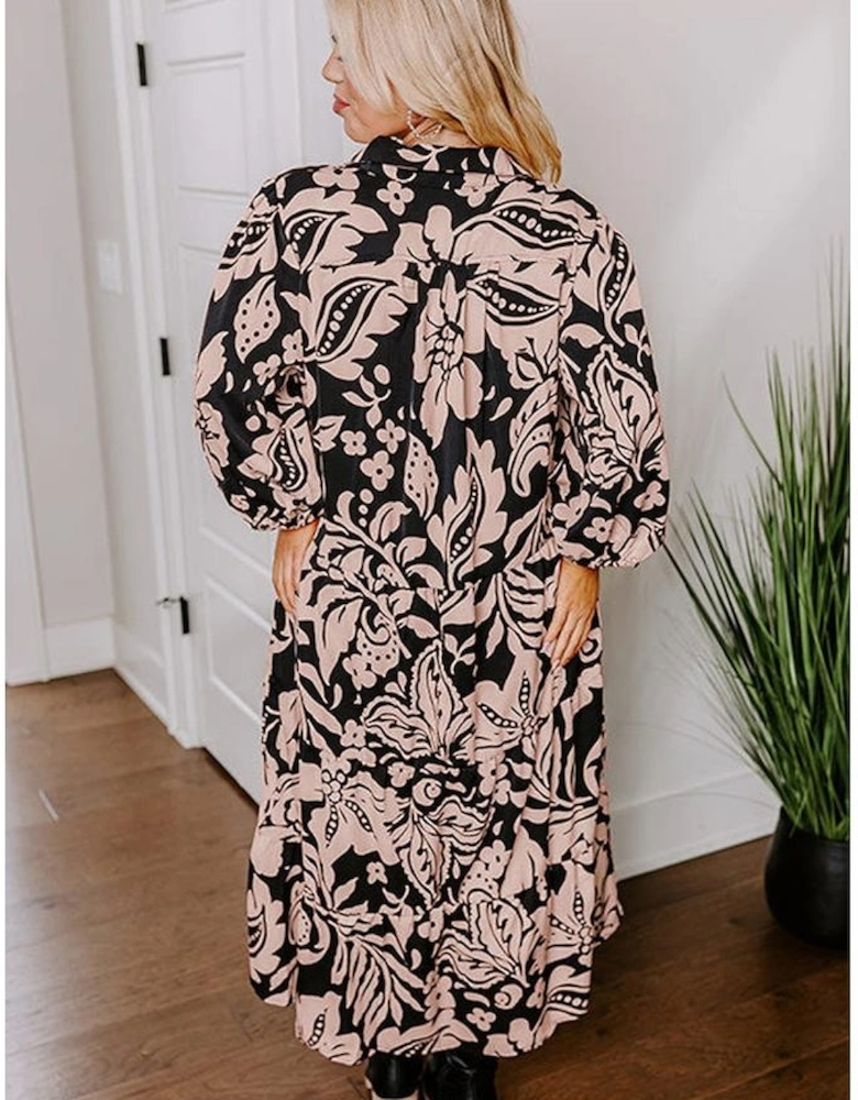 Black Plus Size Floral Printed Puff Sleeve Collared Maxi Dress