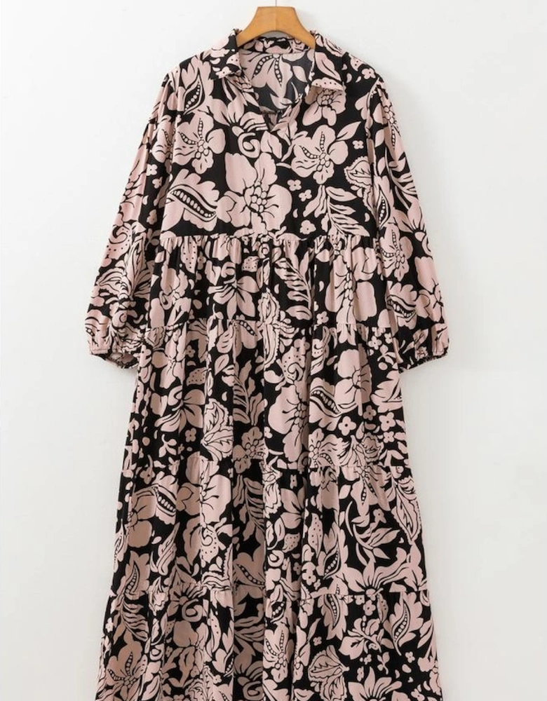 Black Plus Size Floral Printed Puff Sleeve Collared Maxi Dress