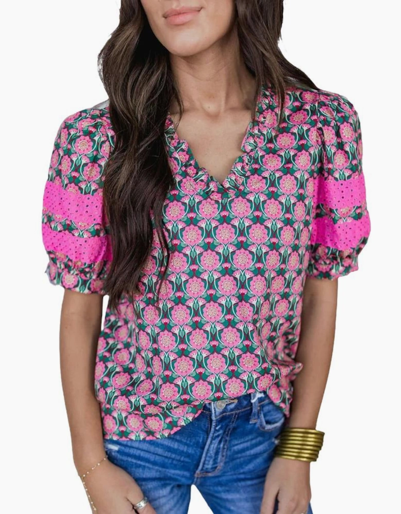 Sachet Pink V-Neck Ruffle Abstract Floral Print Puff Sleeve Top