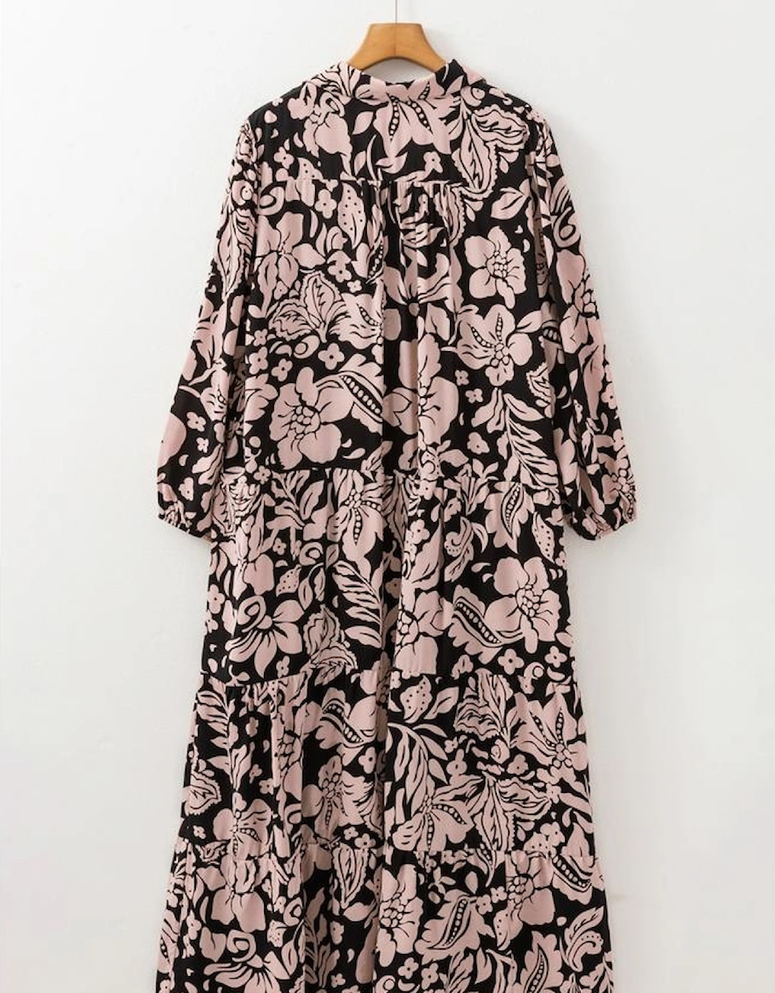 Black Plus Size Floral Printed Puff Sleeve Collared Maxi Dress
