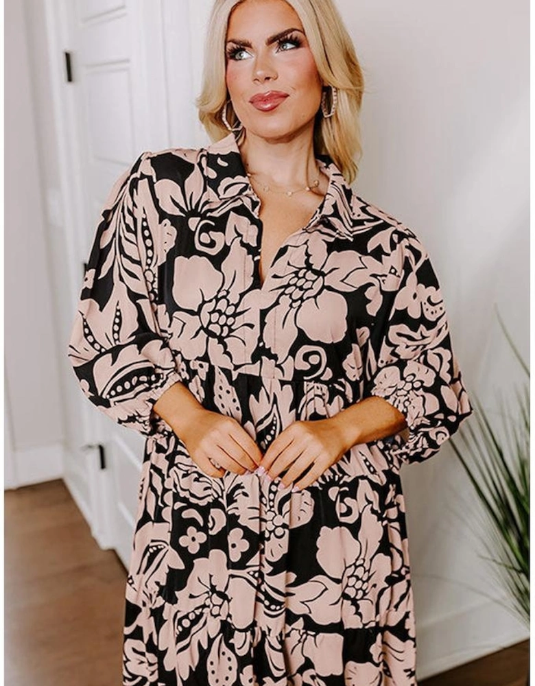 Black Plus Size Floral Printed Puff Sleeve Collared Maxi Dress