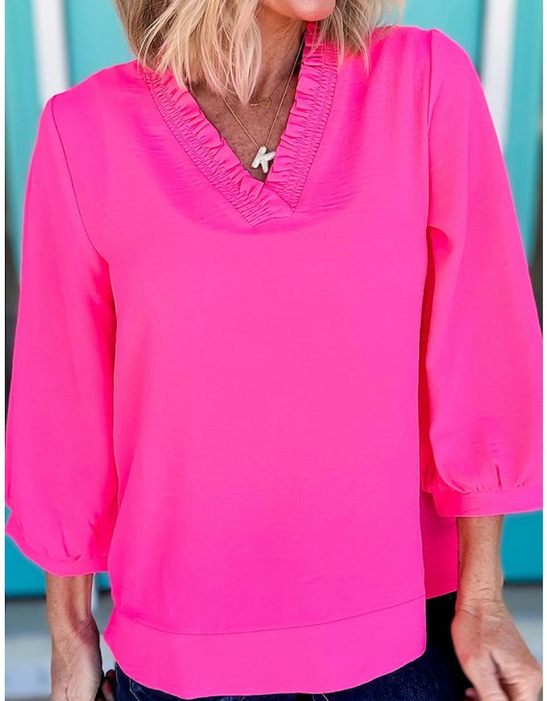 Bright Pink Frilled V Neckline Bracelet Sleeve Crinkled Blouse