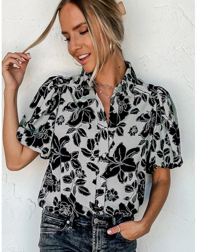 Black Floral Bubble Sleeve Casual Shirt