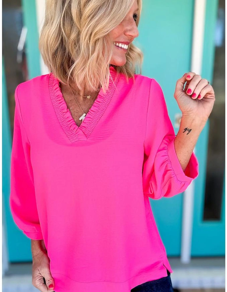 Bright Pink Frilled V Neckline Bracelet Sleeve Crinkled Blouse
