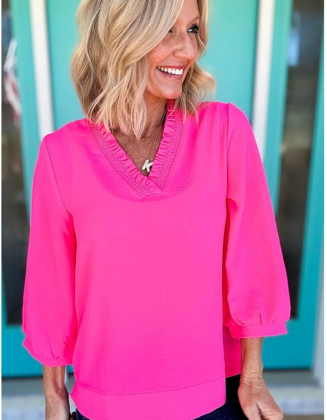 Bright Pink Frilled V Neckline Bracelet Sleeve Crinkled Blouse