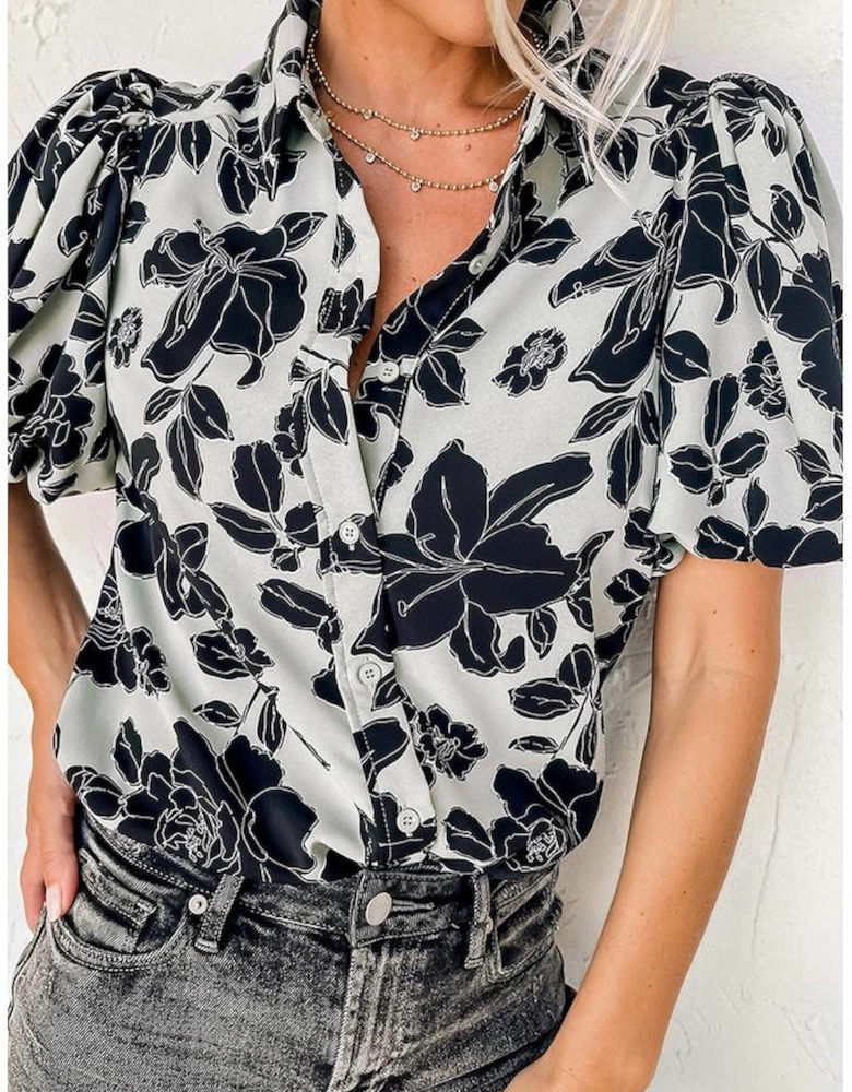 Black Floral Bubble Sleeve Casual Shirt