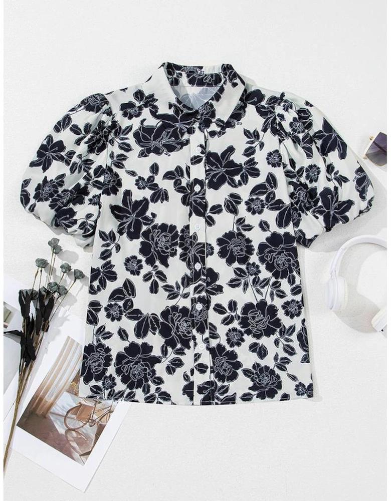 Black Floral Bubble Sleeve Casual Shirt