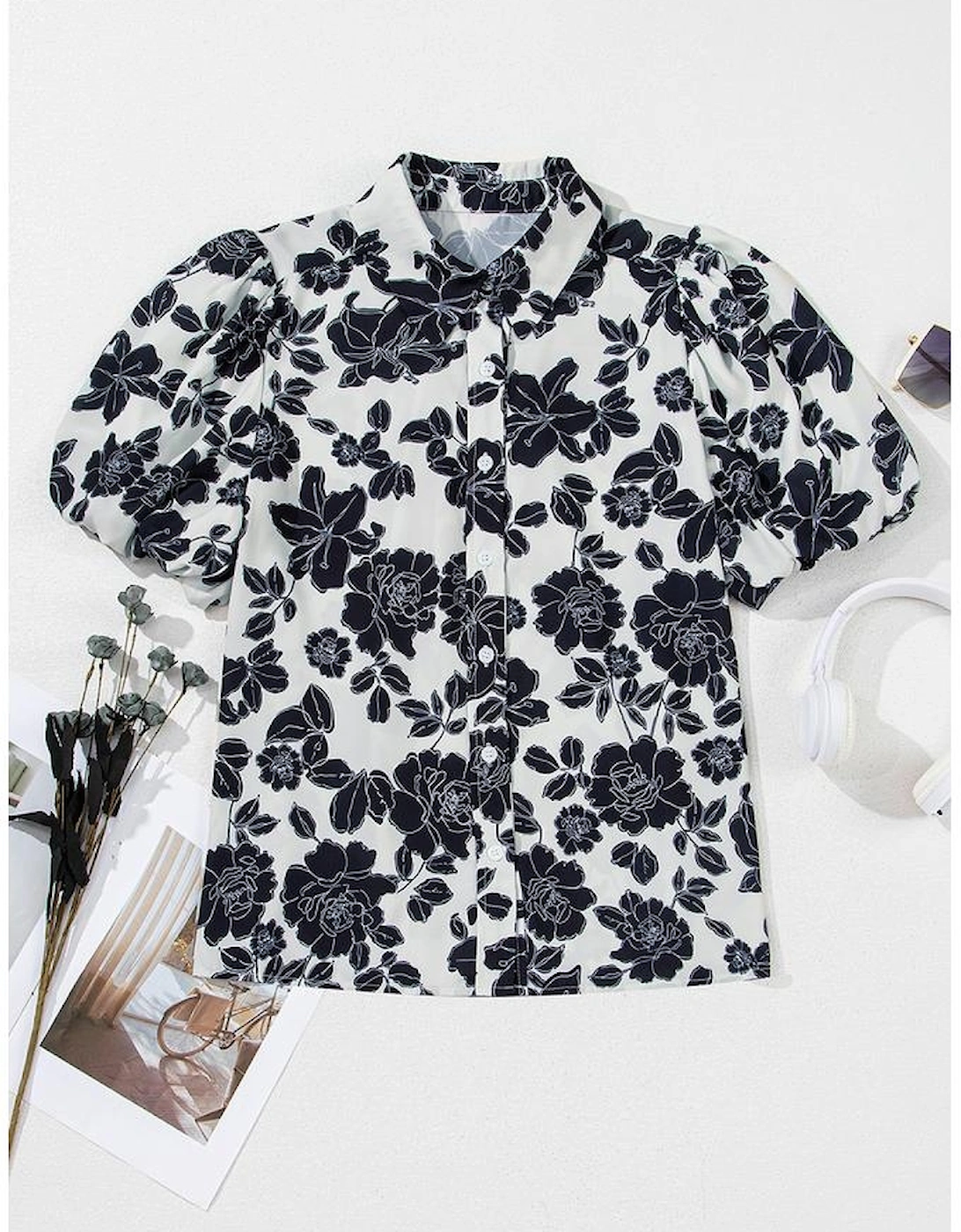 Black Floral Bubble Sleeve Casual Shirt