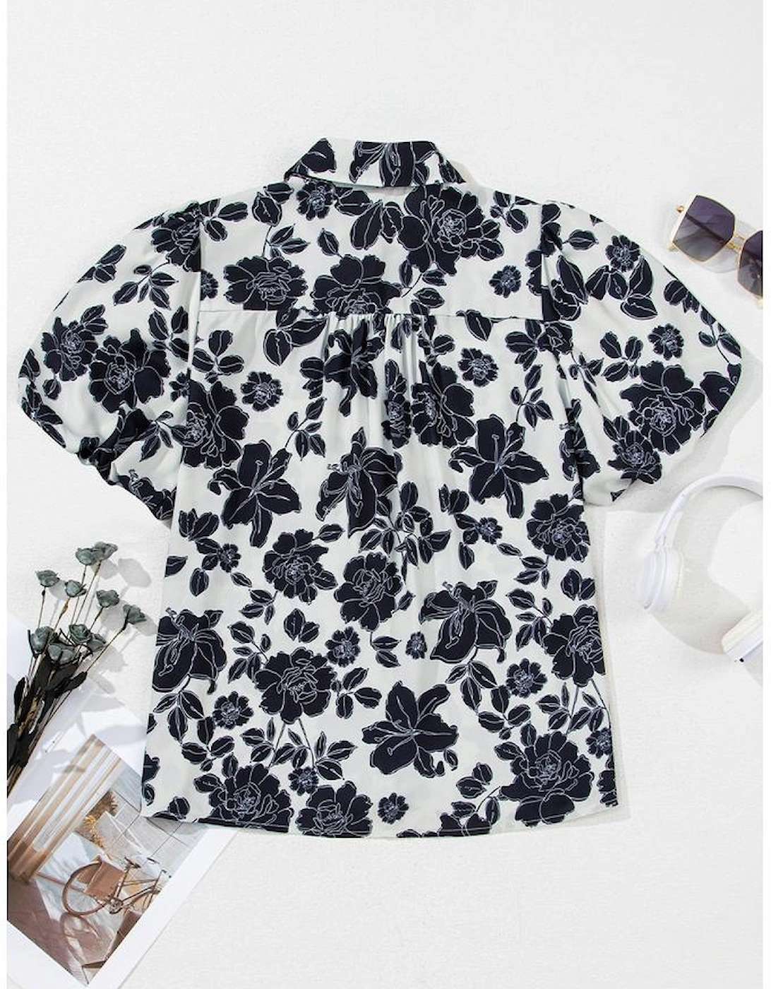 Black Floral Bubble Sleeve Casual Shirt