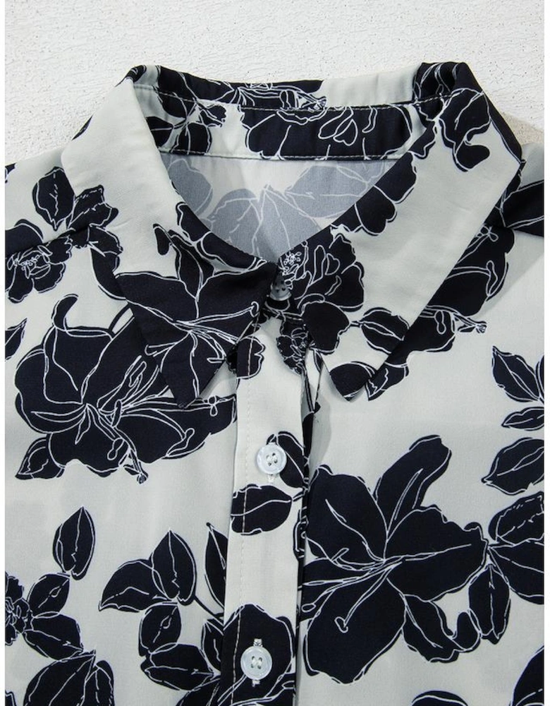 Black Floral Bubble Sleeve Casual Shirt