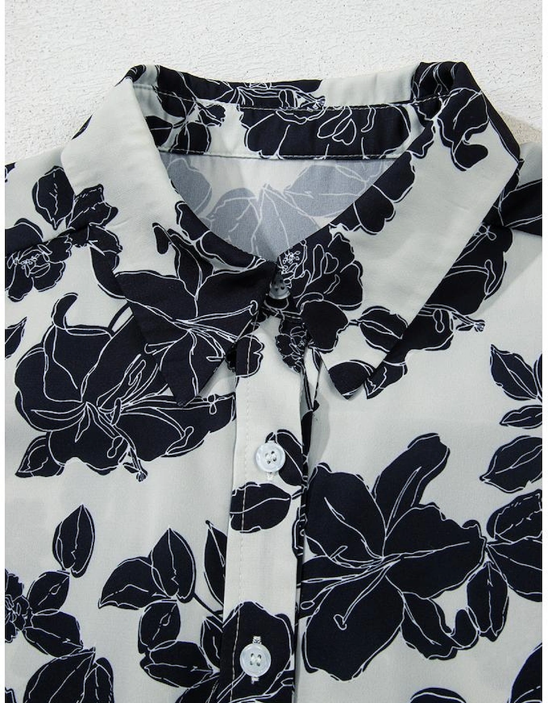 Black Floral Bubble Sleeve Casual Shirt