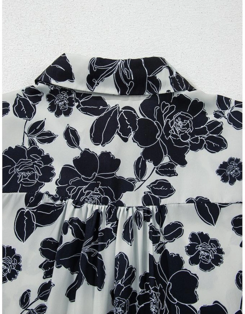 Black Floral Bubble Sleeve Casual Shirt