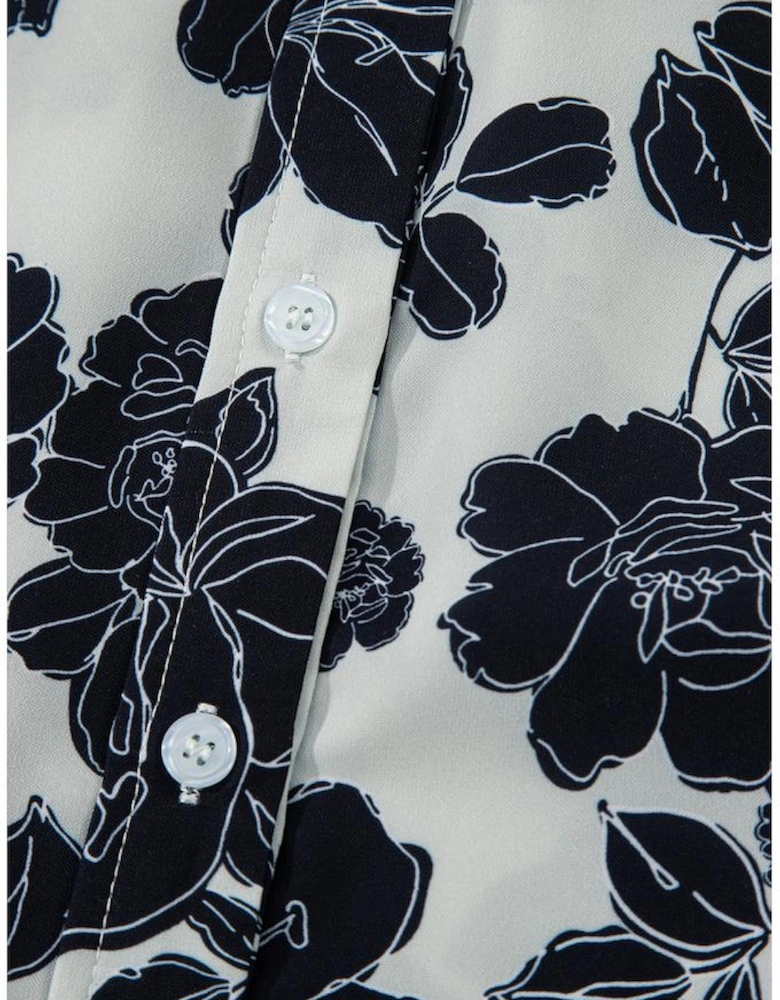 Black Floral Bubble Sleeve Casual Shirt