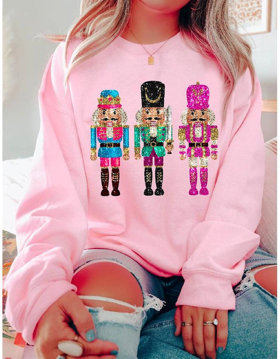 Pink Cute Nutcracker Printed Drop Shoulder Christmas Sweatshirt