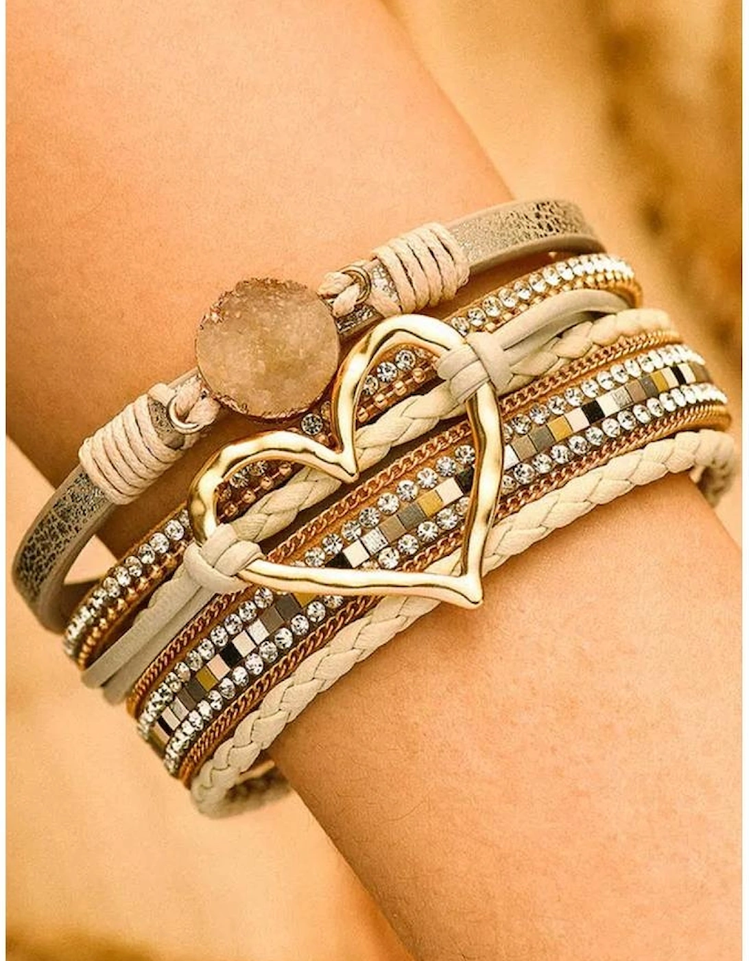 Beige Bohemian Heart Rhinestone Magnetic Buckle Bracelet