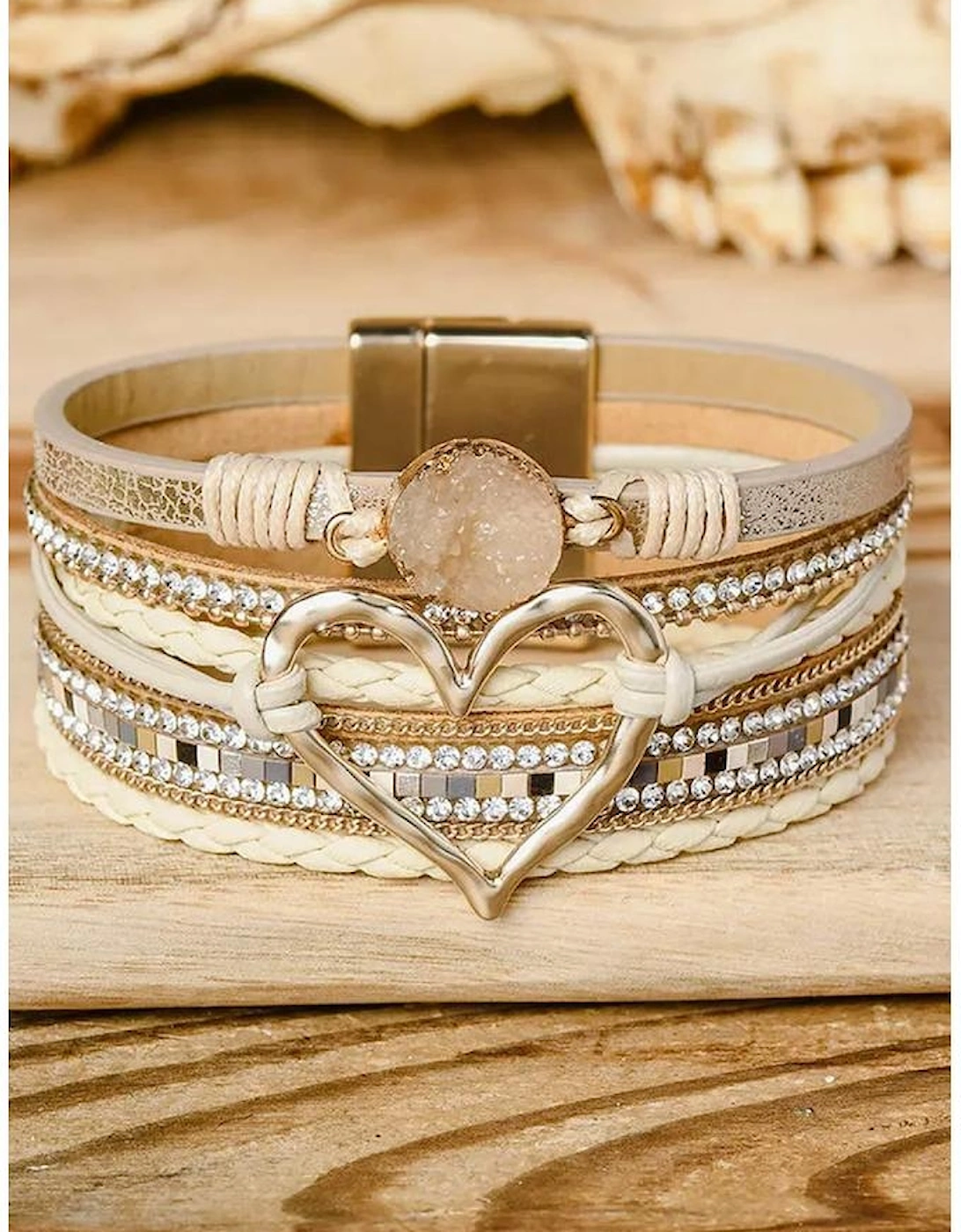 Beige Bohemian Heart Rhinestone Magnetic Buckle Bracelet