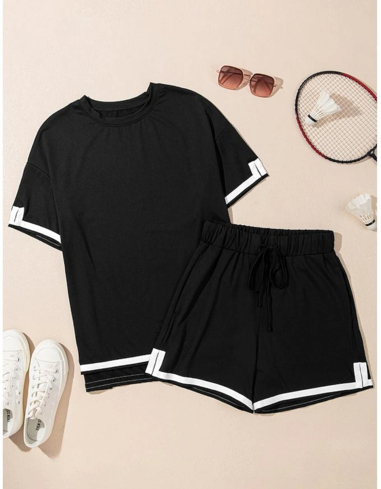 Black Contrast Trim Tee and Shorts Set
