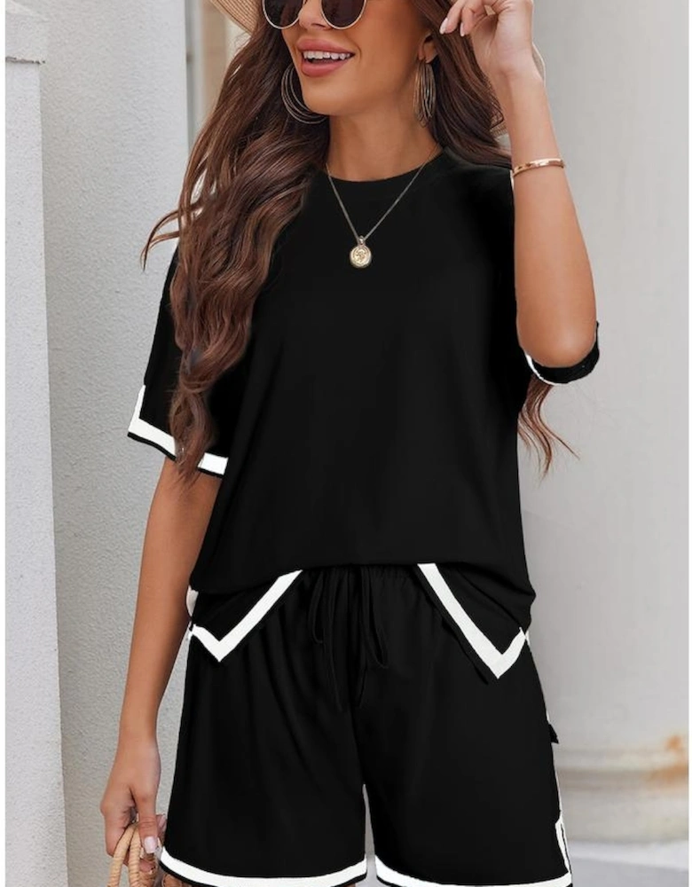 Black Contrast Trim Tee and Shorts Set