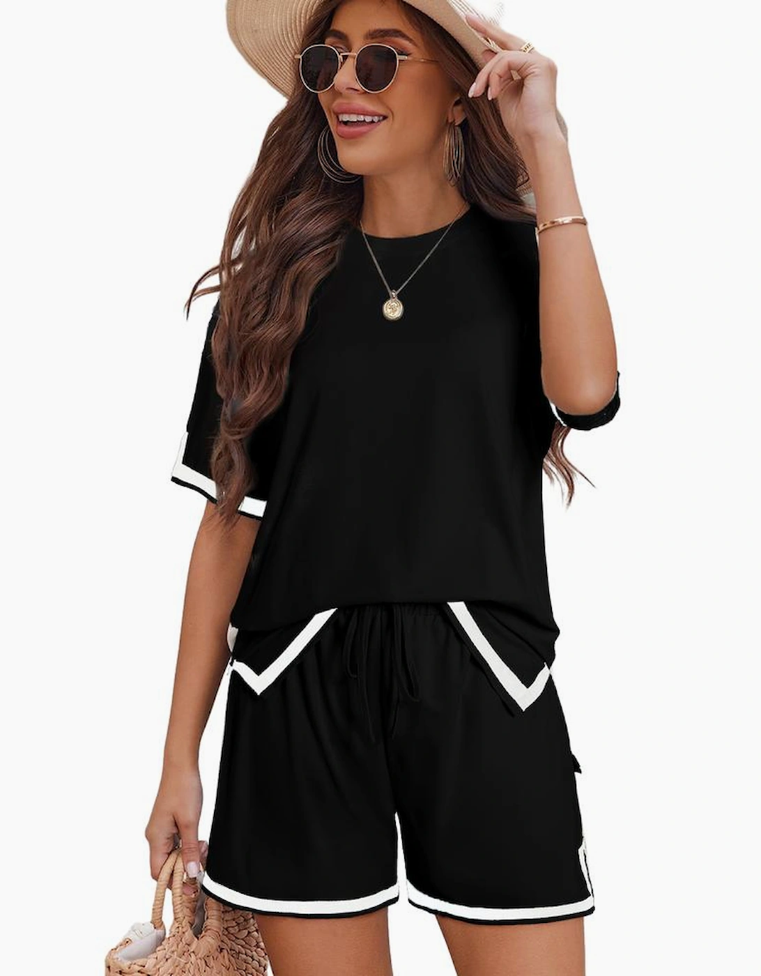 Black Contrast Trim Tee and Shorts Set