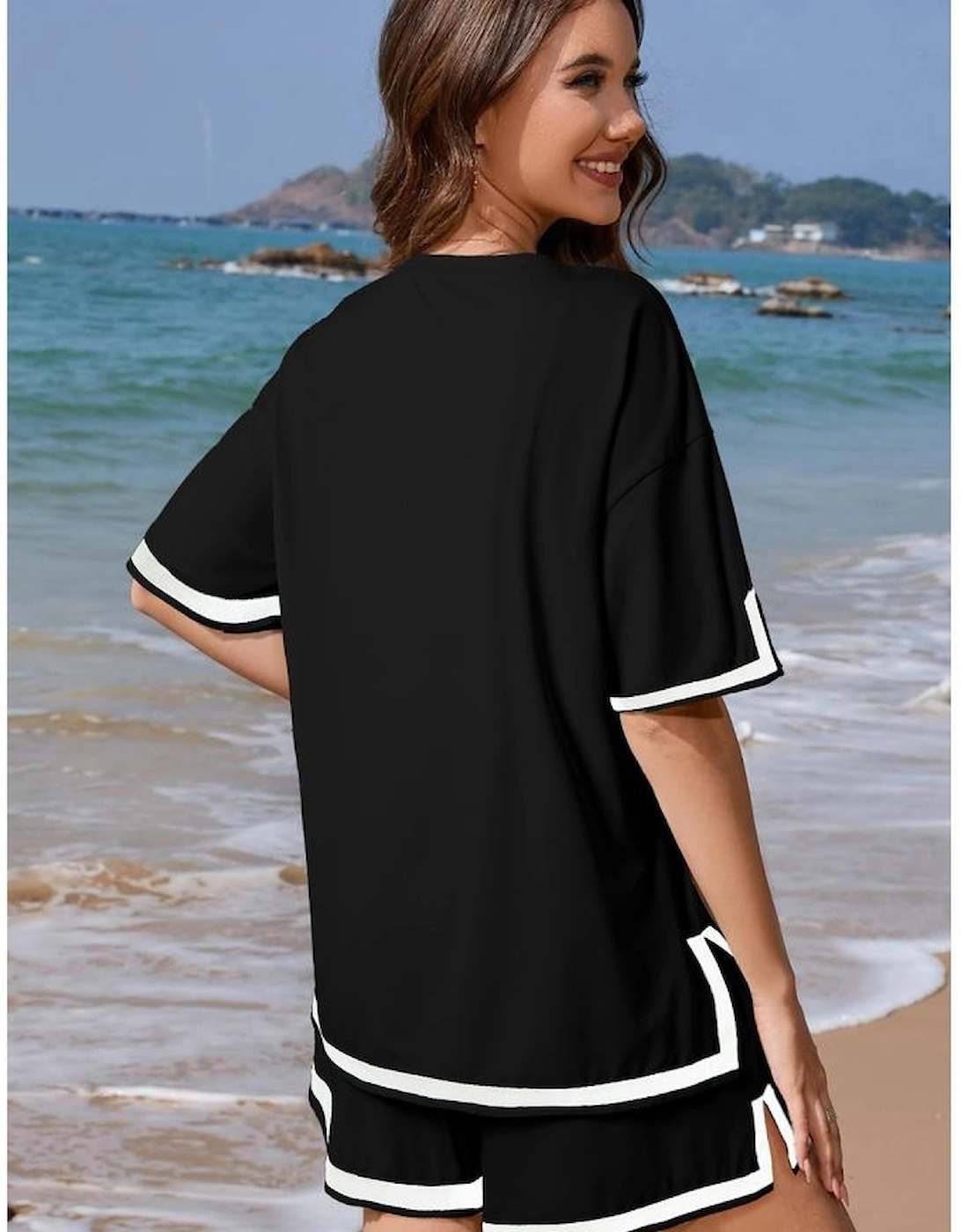 Black Contrast Trim Tee and Shorts Set