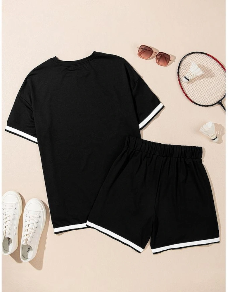 Black Contrast Trim Tee and Shorts Set