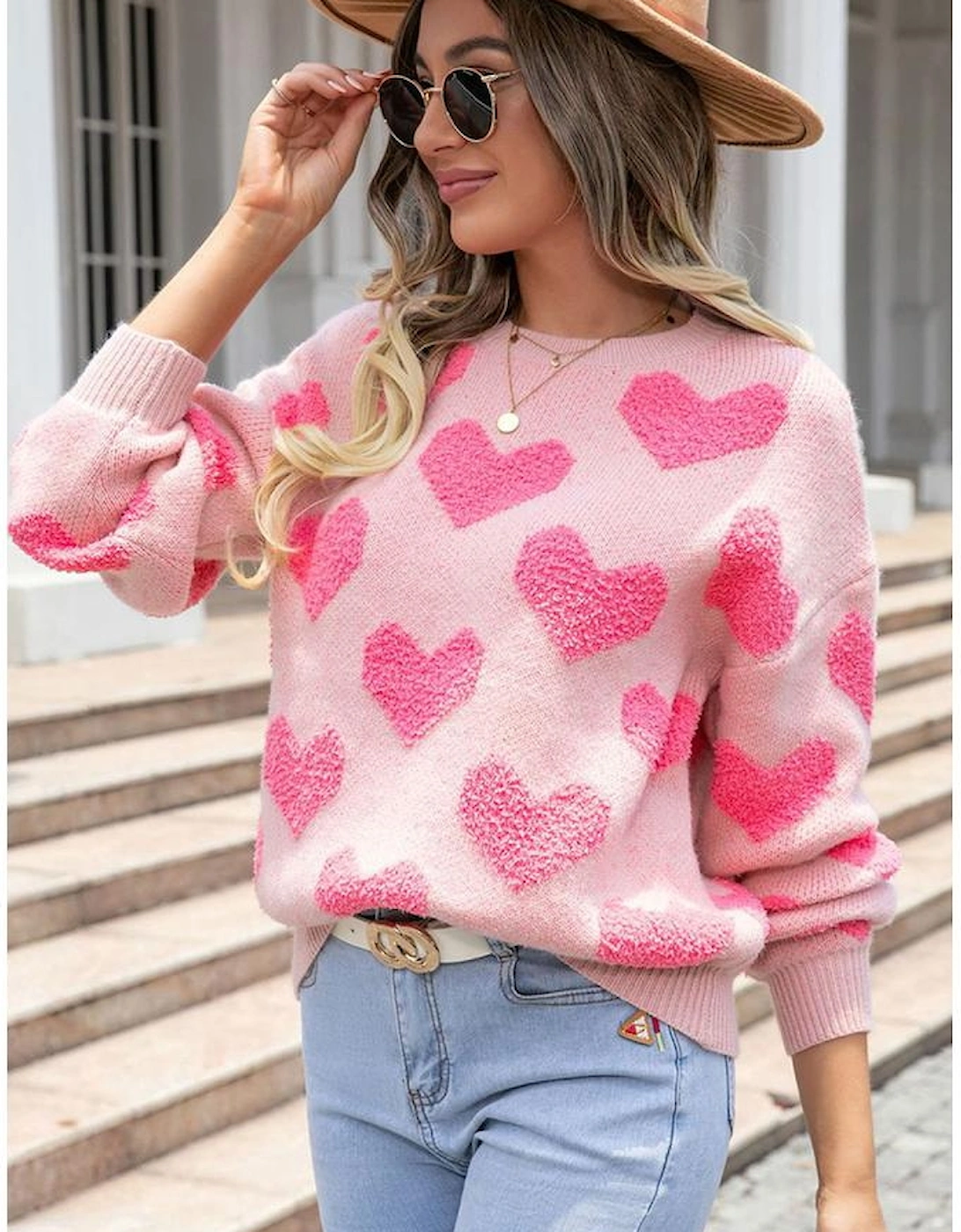 Light Pink Valentine’s Day Heart Jacquard Knit Sweater