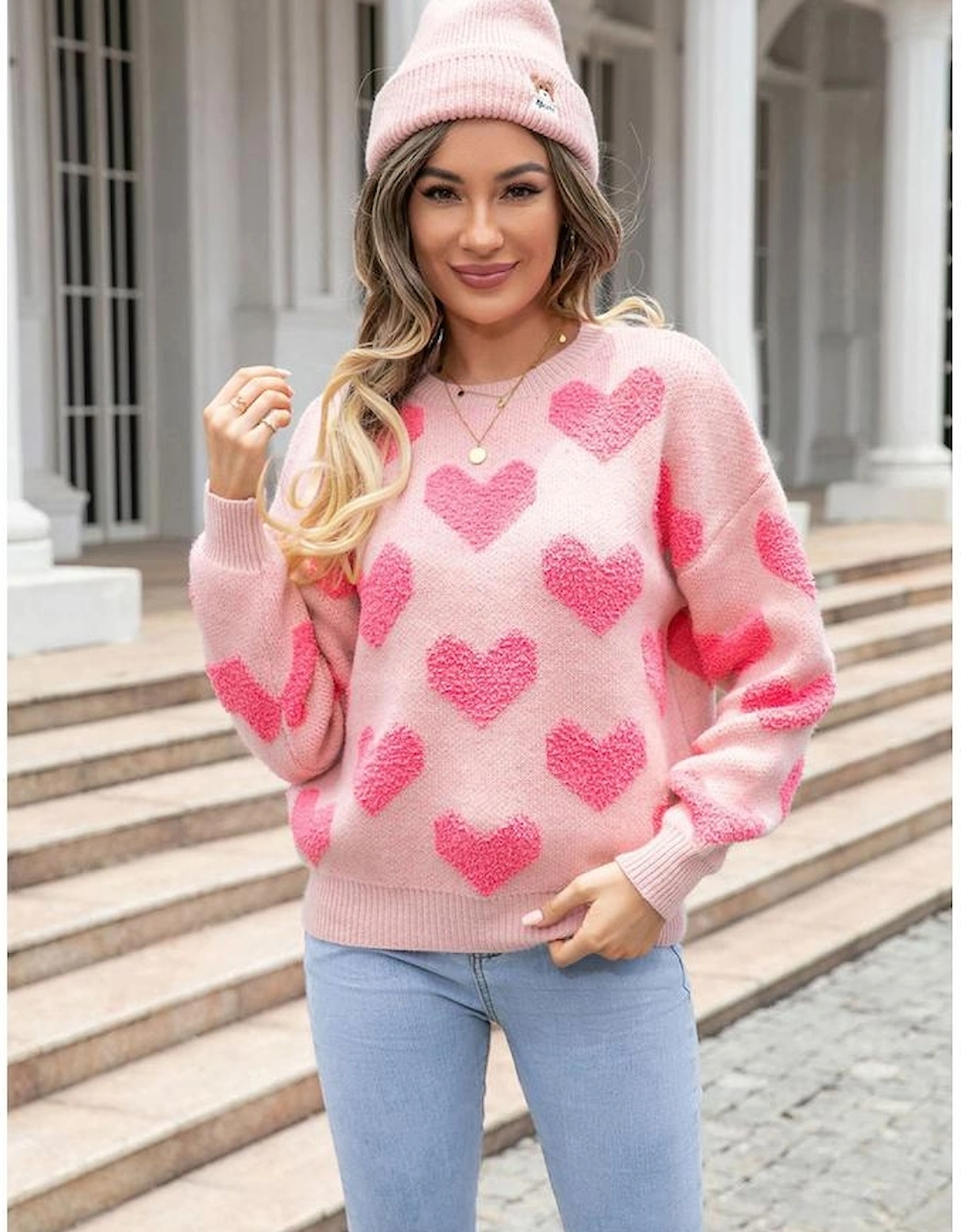 Light Pink Valentine’s Day Heart Jacquard Knit Sweater