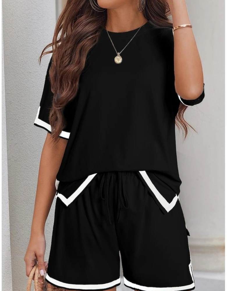 Black Contrast Trim Tee and Shorts Set