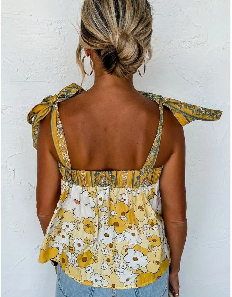 Yellow Floral Patchwork Tied Straps Buttoned Tank Top