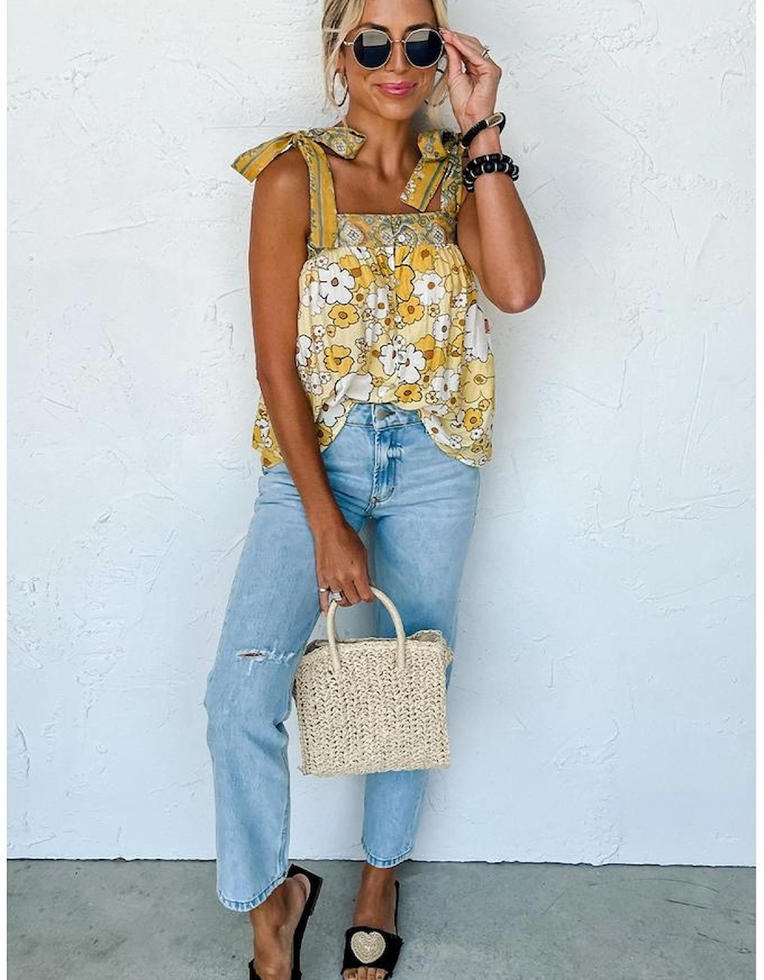 Yellow Floral Patchwork Tied Straps Buttoned Tank Top