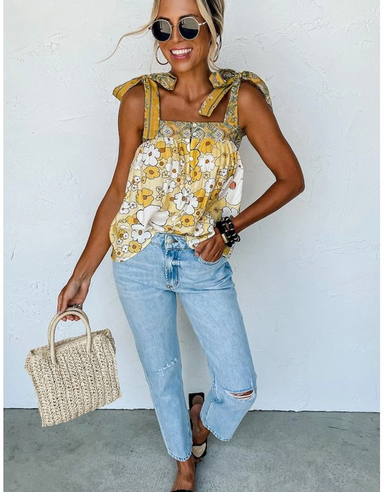 Yellow Floral Patchwork Tied Straps Buttoned Tank Top