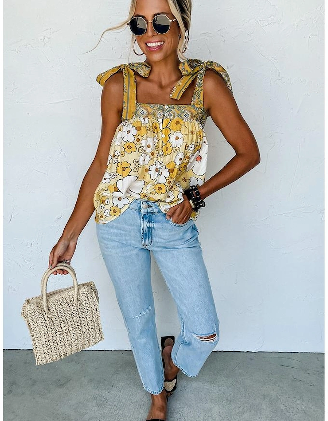 Yellow Floral Patchwork Tied Straps Buttoned Tank Top