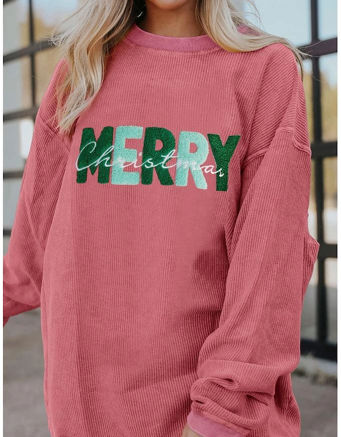 Strawberry Pink MERRY Christmas Corded Pullover Sweatshirt