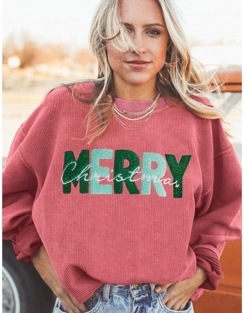 Strawberry Pink MERRY Christmas Corded Pullover Sweatshirt