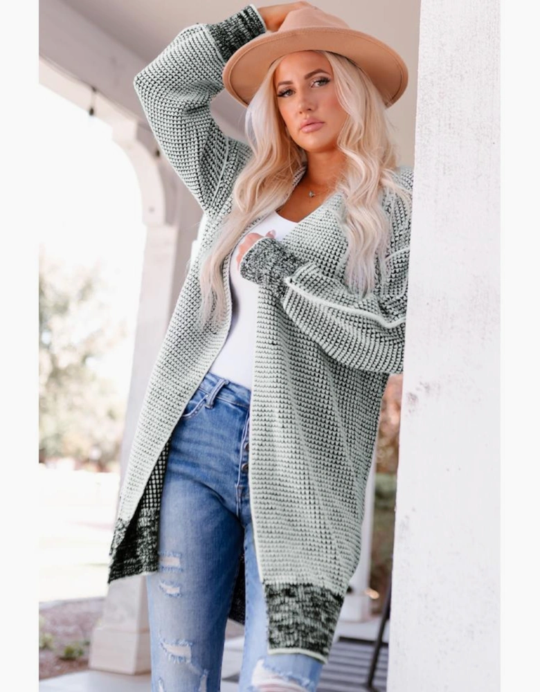 Gray Plaid Knitted Long Open Front Cardigan