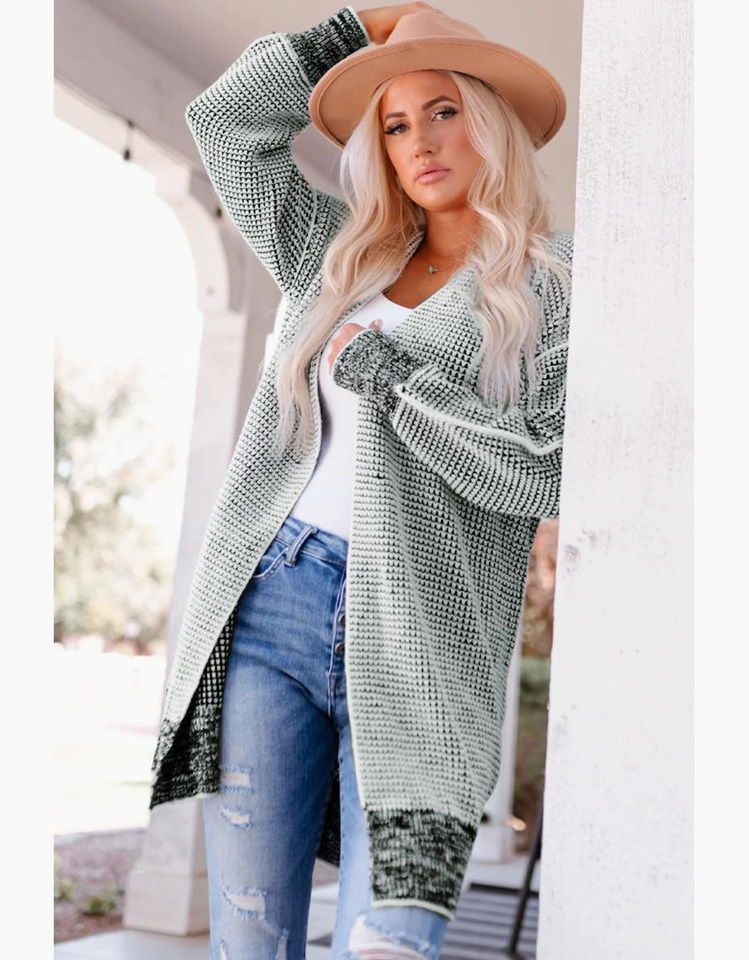 Gray Plaid Knitted Long Open Front Cardigan