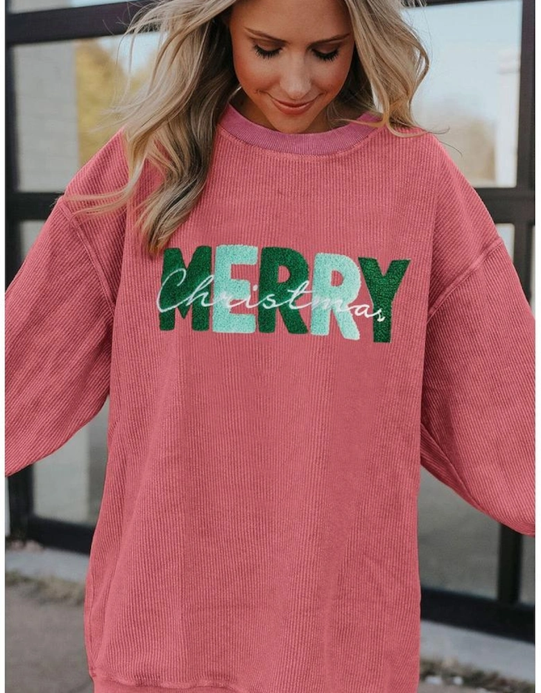 Strawberry Pink MERRY Christmas Corded Pullover Sweatshirt