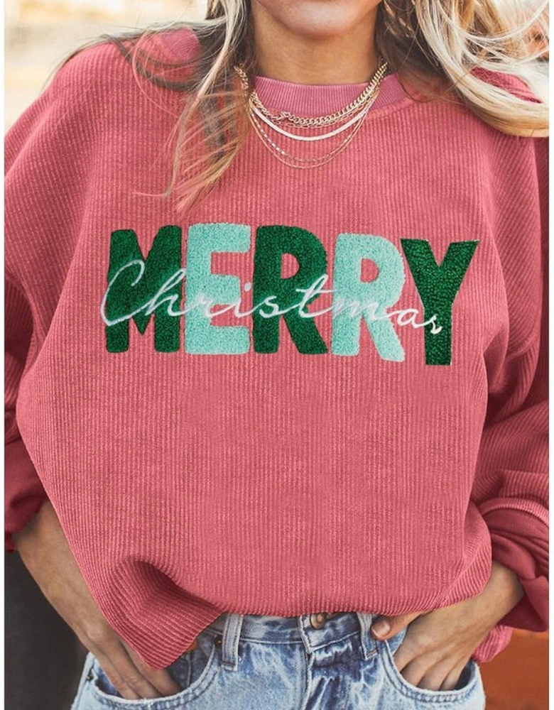 Strawberry Pink MERRY Christmas Corded Pullover Sweatshirt