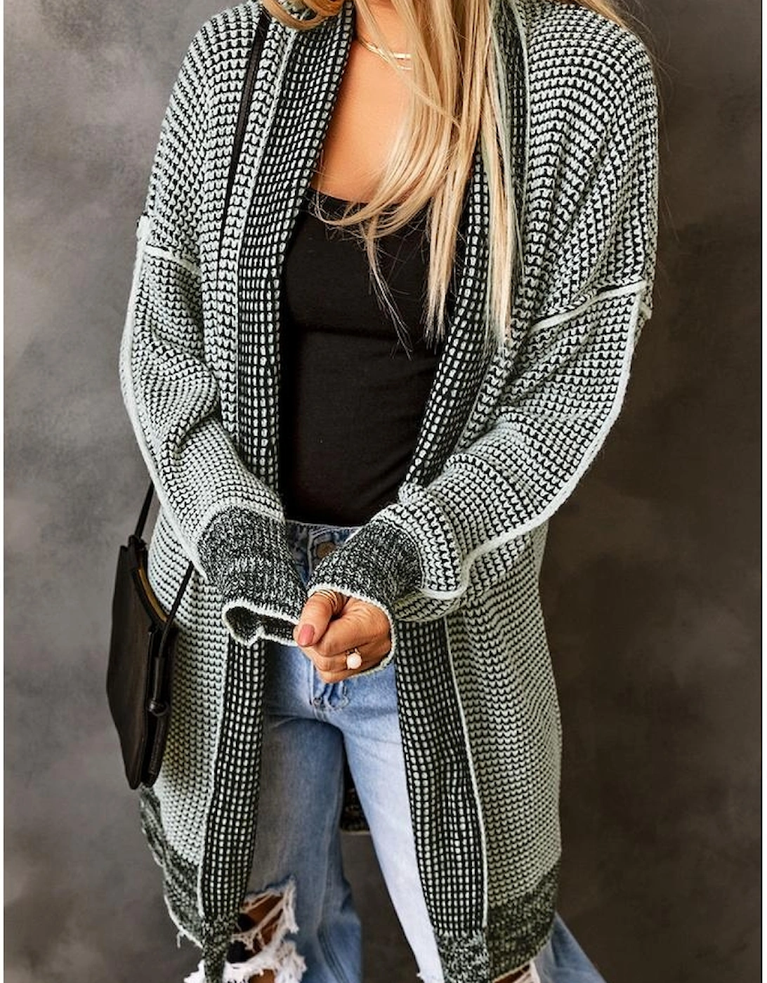 Gray Plaid Knitted Long Open Front Cardigan