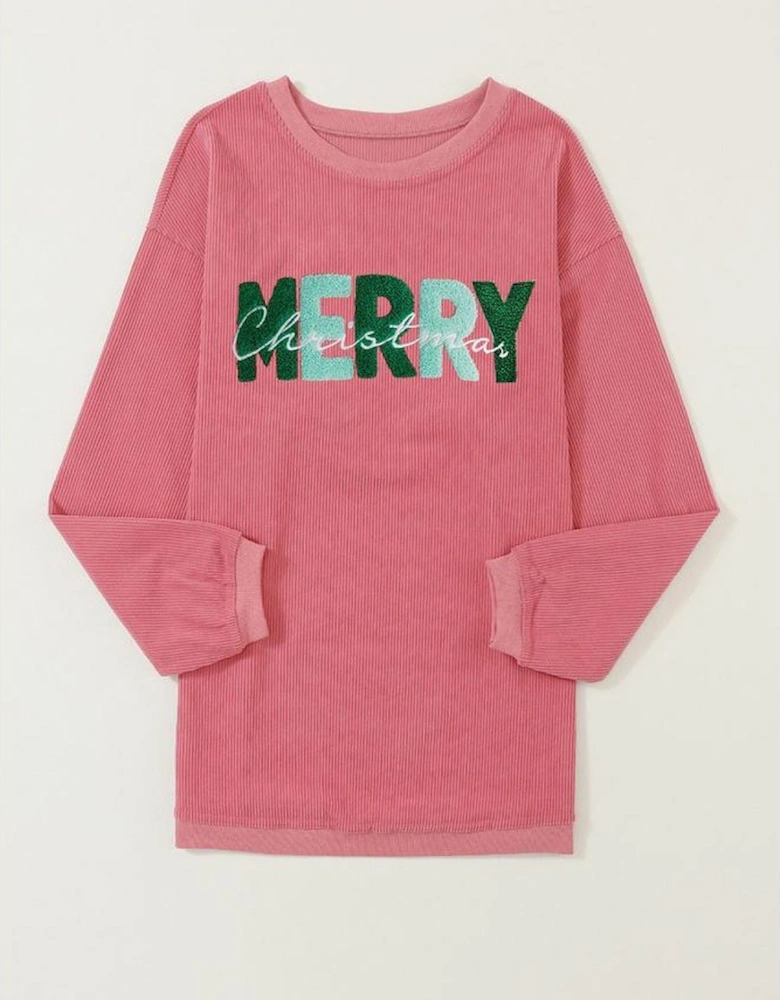 Strawberry Pink MERRY Christmas Corded Pullover Sweatshirt