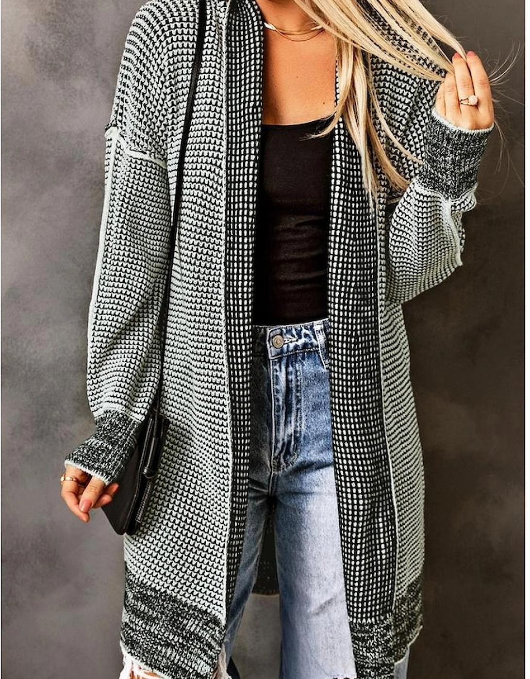 Gray Plaid Knitted Long Open Front Cardigan, 16 of 15
